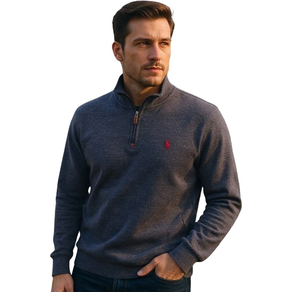 Polo Ralph Lauren Mens XL Quarter Zip Pullover Charcoal Grey Red Pony Logo